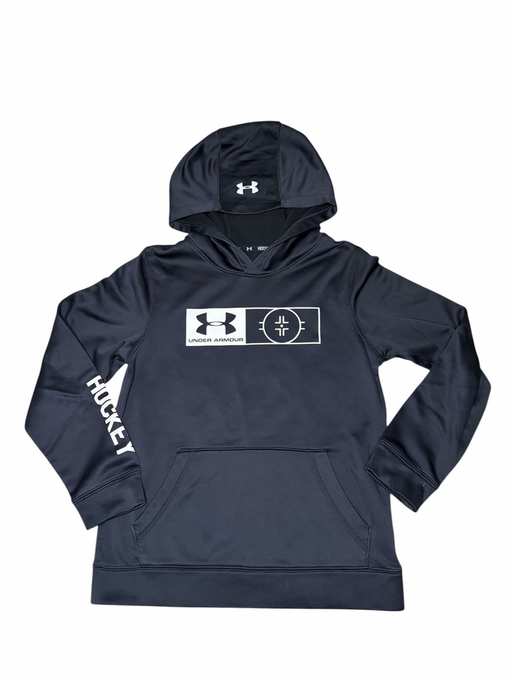 Under Armour Loose Fit Hoodie, Black w/ White Logo/Hockey Graphics-Youth Medium